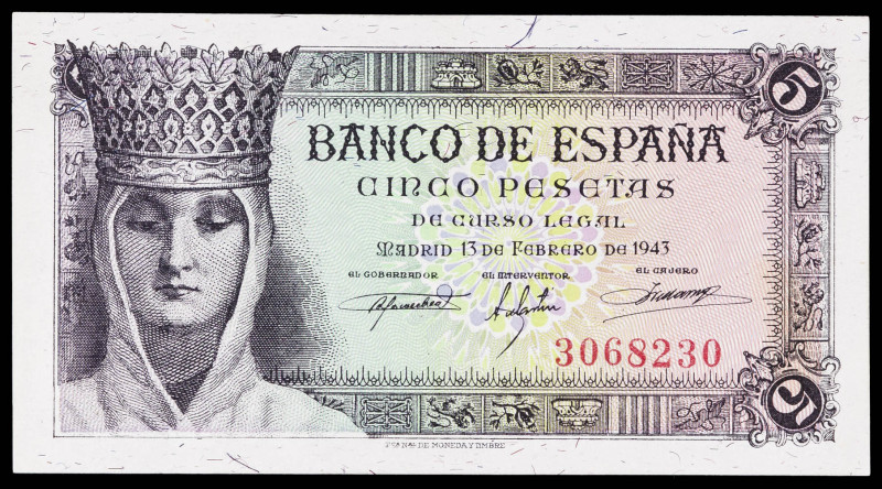 1943. 5 pesetas. (Ed. 446). 13 de febrero, Isabel la Católica. Sin serie. Leve d...