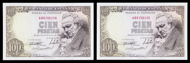 1946. 100 pesetas. (Ed. 451a). 19 de febrero, Goya. Pareja correlativa, serie A....