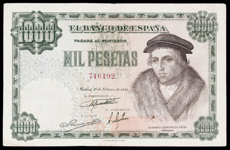 1946. 1000 pesetas. (Ed. 453). 19 de febrero, Luis Vives. Puntos de aguja. Manch...