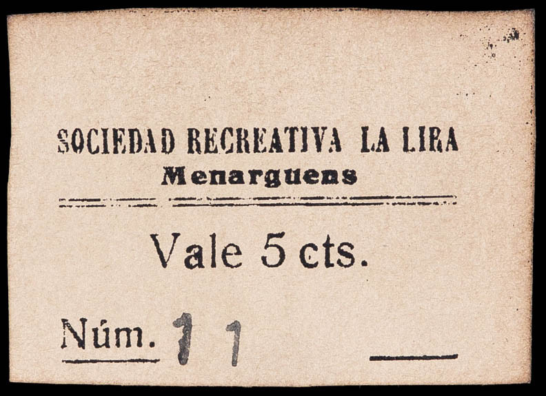 Menàrguens. Sociedad Recreativa "La Lira". 5 céntimos. (AL. falta). Nº 11. Raro....