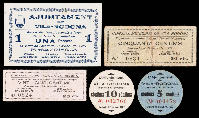 Vila-rodona. 5, 10, 25, 50 céntimos y 1 peseta. (T. 3318 a 3322). 3 billetes y 2...