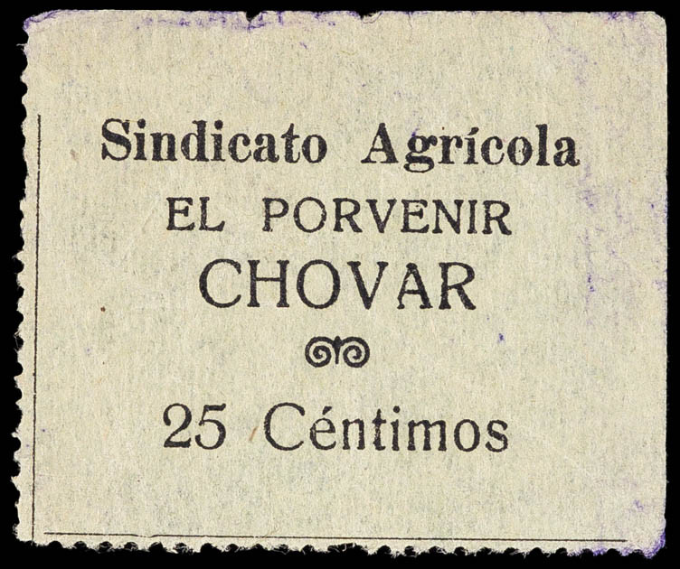 Xóvar (Castellón). Sindicato Agrícola El Porvenir. 25 céntimos. (Inédito). MBC-....