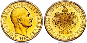 Zog I gold 20 Franga Ari 1938-R MS66 PCGS, Rome mint, KM22, Fr-14. A radiant golden gem tied for finest certified at PCGS, with none finer seen by NGC...