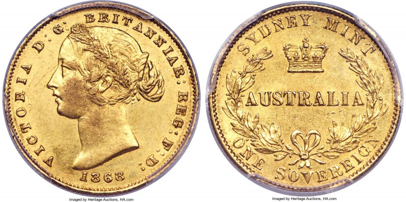Victoria gold Sovereign 1868/6-SYDNEY AU58+ PCGS, Sydney mint, cf. KM4 (unlisted...