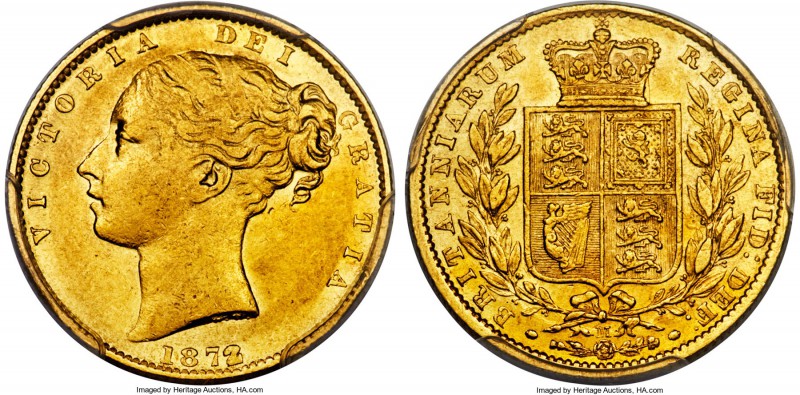 Victoria gold "Shield" Sovereign 1872/1-M AU53 PCGS, Melbourne mint, KM6, S-3854...
