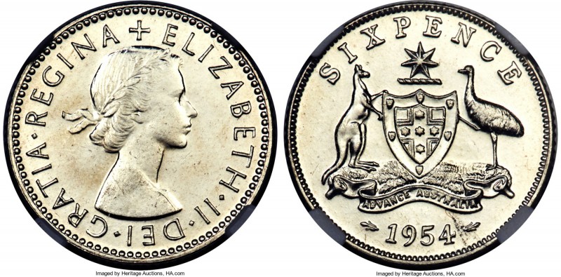 Elizabeth II Proof 6 Pence 1954-(m) PR65 NGC, Melbourne mint, KM52. Blast white ...
