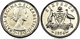 Elizabeth II Proof 6 Pence 1954-(m) PR65 NGC, Melbourne mint, KM52. Blast white and radiantly lustrous, this type is extremely rare in Proof format, a...