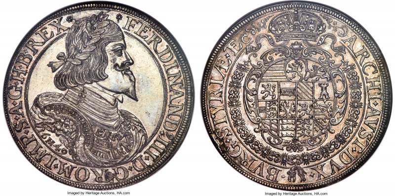 Ferdinand III Taler 1649 MS63 NGC, Graz mint, KM957, Dav-3190. Laureate, and arm...