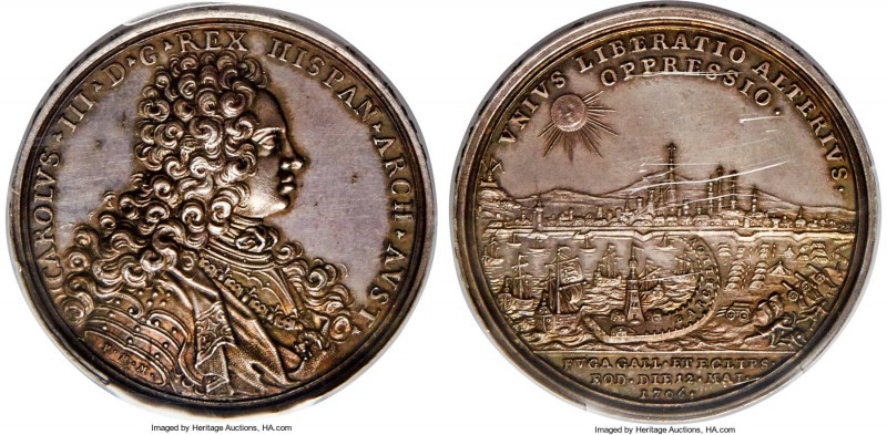 Charles III silver Specimen Siege of Barcelona / Eclipse Medal 1706 SP63 PCGS, M...