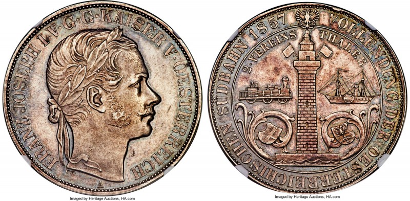 Franz Joseph I 2 Taler 1857-A MS62 NGC, Vienna mint, KM2246.2, Wreath points bet...
