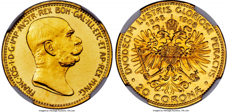Franz Joseph I gold Proof "60th Anniversary of Reign" 20 Corona 1908 PR62 Cameo ...