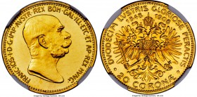 Franz Joseph I gold Proof "60th Anniversary of Reign" 20 Corona 1908 PR62 Cameo NGC, KM2811, Fr-515. Exceedingly rare in Proof format, unlike its 100 ...