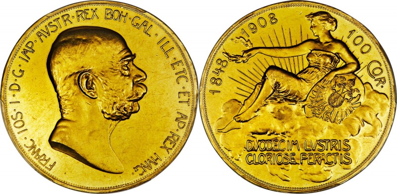Franz Joseph I gold 100 Corona 1908 MS61 PCGS, Kremnitz mint, KM2812. Quite attr...