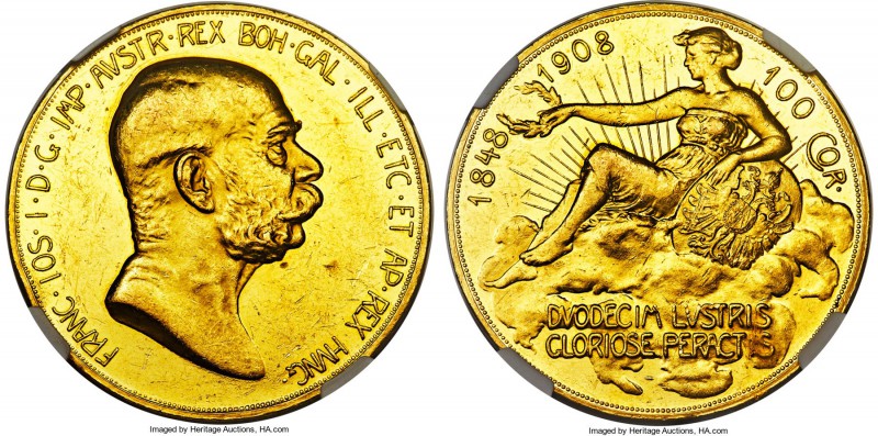 Franz Joseph I gold 100 Corona 1908 UNC Details (Rim Damage) NGC, KM2812. An ext...