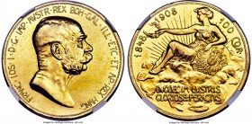 Franz Joseph I gold 100 Corona 1908 AU Details (Rim Repair) NGC, Kremnitz mint, KM2812, Fr-514. Struck for the 60th anniversary of Franz Joseph I's re...