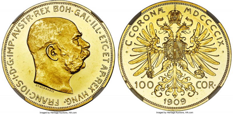 Franz Joseph I gold Proof 100 Corona 1909 PR61 Cameo NGC, KM2819. Very attractiv...