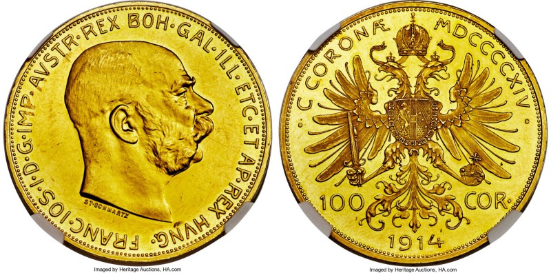 Franz Joseph I gold Proof 100 Corona 1914 PR61 NGC, KM2819. Typical bagmarks for...