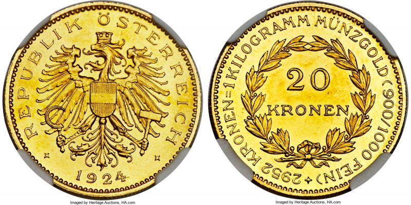 Republic gold 20 Kronen 1924 MS65 NGC, KM2830. Stunningly brilliant with a hint ...