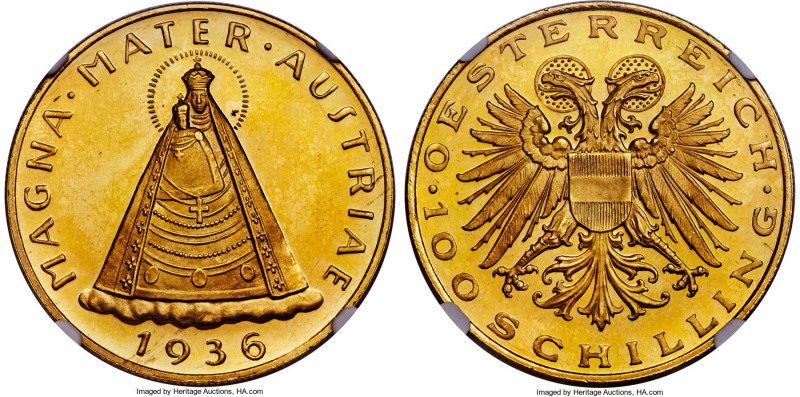 Republic gold Prooflike 100 Schilling 1936 PL64 NGC, Vienna mint, KM2857, Fr-522...