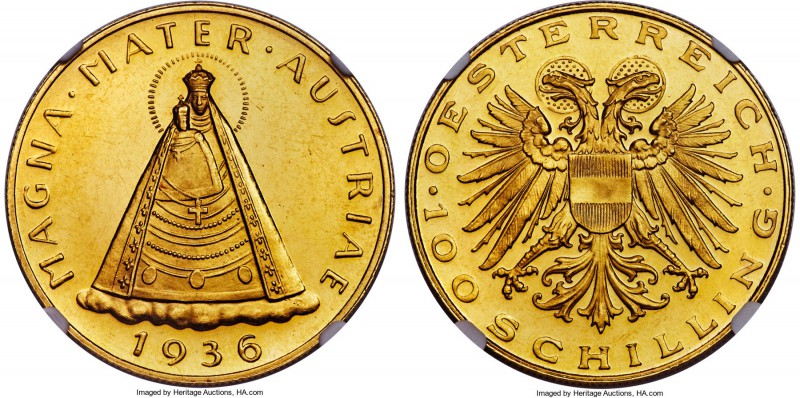 Republic gold Prooflike 100 Schilling 1936 PL63 NGC, Vienna mint, KM2857, Fr-522...
