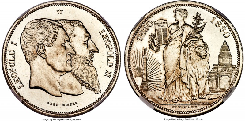 Leopold II silver Specimen 5 Francs 1880 SP65 NGC, Brussels mint, KM-X8. Struck ...