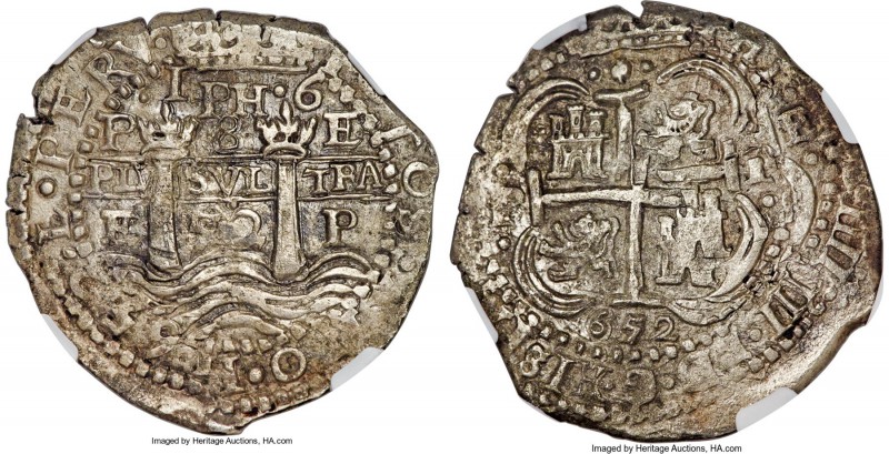 Philip IV Cob 8 Reales 1652 PE-PH AU Details (Saltwater Damage) NGC, Potosi mint...