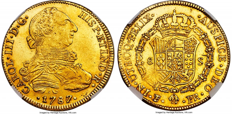 Charles III gold 8 Escudos 1787/6 PTS-PR MS61 NGC, Potosi mint, KM59. Sharply st...