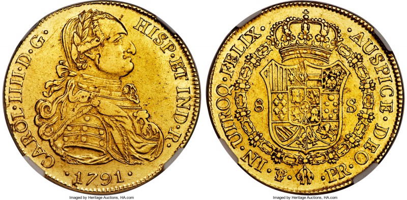 Charles IV gold 8 Escudos 1791 PTS-PR AU50 NGC, Potosi mint, KM77, Onza-1084. A ...