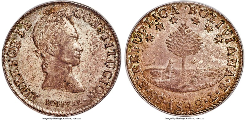 Republic 8 Soles 1842 PTS-LR MS63 PCGS, Potosi mint, KM103. A stunning Mint Stat...
