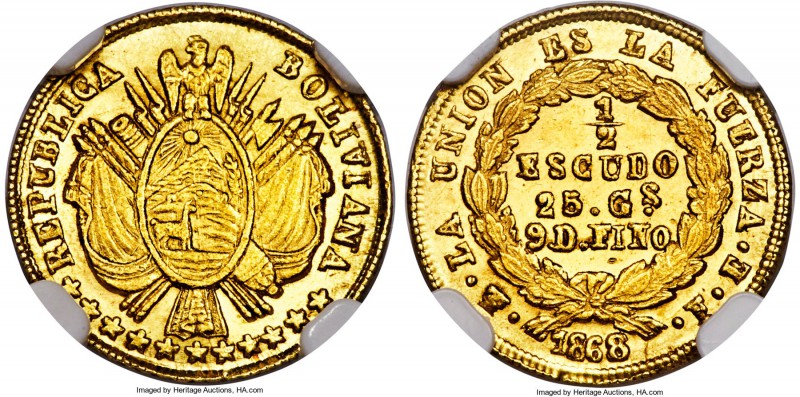 Republic gold 1/2 Scudo 1868 PTS-FE MS65 NGC, Potosi mint, KM140, Fr-140. A scar...