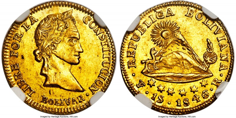 Republic gold Scudo 1846 PTS-R MS65 NGC, Potosi mint, KM105, Fr-29. Of the two e...
