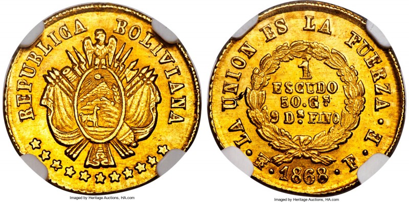 Republic gold Scudo 1868 PTS-FE MS65 NGC, Potosi mint, KM141, Fr-38. Attractivel...