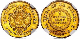 Republic gold Scudo 1868 PTS-FE MS65 NGC, Potosi mint, KM141, Fr-38. Attractively honey-toned with strong detail and shimmering golden luster. Current...