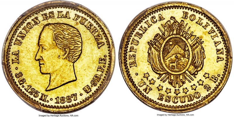 Republic gold Specimen Pattern Escudo 1887-F.E. SP61 PCGS, La Paz mint, KM-Pn47....