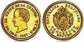 Republic gold Specimen Pattern Escudo 1887-F.E. SP61 PCGS, La Paz mint, KM-Pn47. An extremely rare pattern issue glistening with lemon-gold color and ...