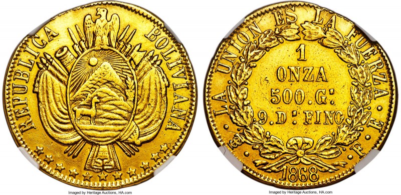 Republic gold Onza 1868 PTS-FP XF Details (Plugged, Repaired, Cleaned) NGC, Poto...