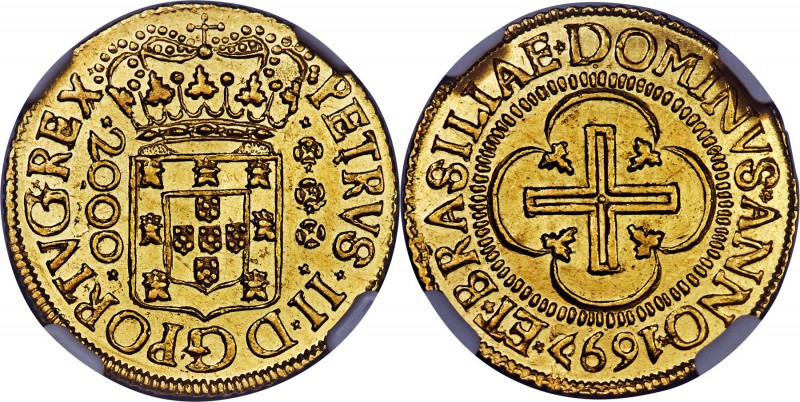 Pedro II gold 2000 Reis 1697/6-(B) MS63 NGC, Bahia mint, KM88. An exceptionally ...