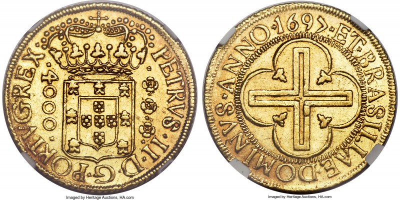Pedro II gold 4000 Reis 1697-(B) AU55 NGC, Bahia mint, KM89, Russo-24. Sharply s...