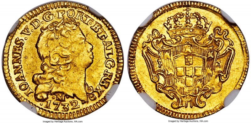 João V gold 800 Reis 1732-M MS63 NGC, Minas Gerais mint, KM120, Russo-261. It ca...
