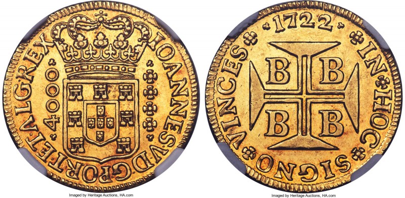João V gold 4000 Reis 1722-B AU58 NGC, Bahia mint, KM106, Russo-68. A lovely coi...