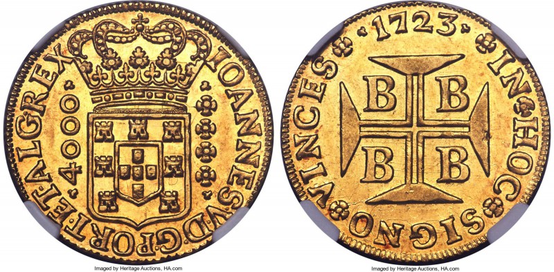 João V gold 4000 Reis 1723-B UNC Details (Cleaned) NGC, Bahia mint, KM106. Despi...
