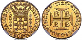 João V gold 4000 Reis 1723-B UNC Details (Cleaned) NGC, Bahia mint, KM106. Despite the hairlines indicating that the example has been cleaned, the off...