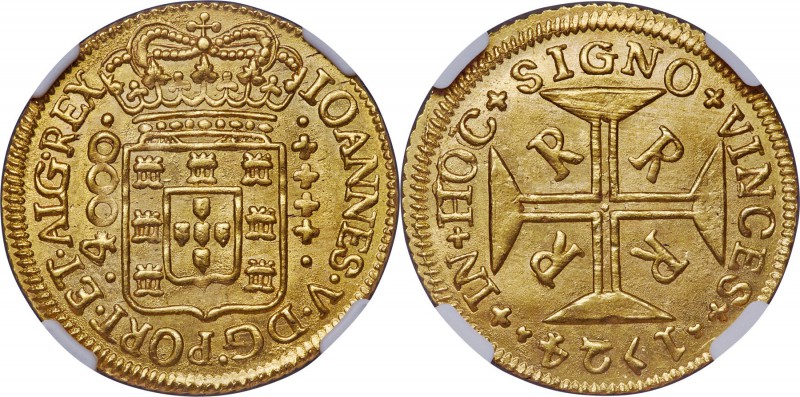 João V gold 4000 Reis 1724-R MS65 NGC, Rio de Janeiro mint, KM102, LMB-O176. A s...
