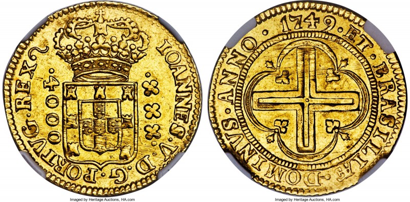 João V gold 4000 Reis 1749-(L) MS62 NGC, Lisbon mint, KM164, LMB-0292. A very sc...