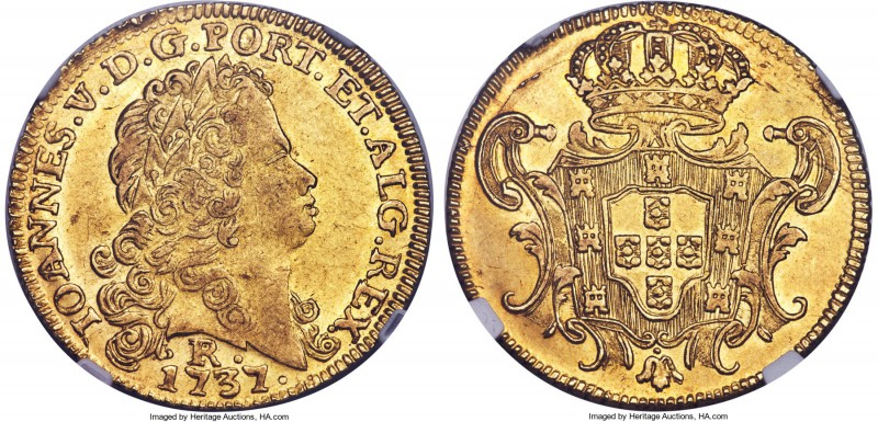 João V gold 6400 Reis 1737-R AU58 NGC, Rio de Janeiro mint, KM149. A scarce earl...