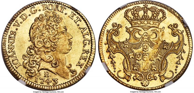 João V gold 6400 Reis 1743-B MS64 NGC, Bahia mint, KM151, Russo-143. A phenomena...