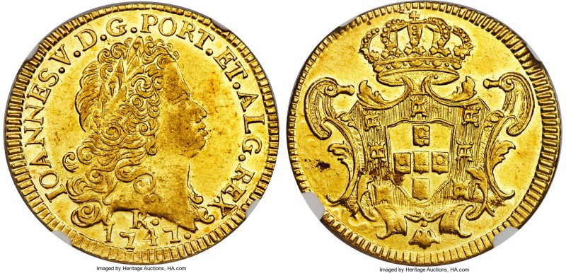 João V gold 6400 Reis 1747-R AU58 NGC, Rio de Janeiro mint, KM149, Russo-222. A ...