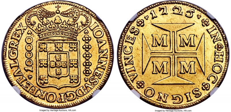 João V gold 10000 Reis 1725-M AU58 NGC, Minas Gerais mint, KM116, Fr-34, Russo-2...