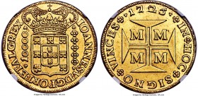 João V gold 10000 Reis 1725-M AU58 NGC, Minas Gerais mint, KM116, Fr-34, Russo-257. Highly pleasing with satin-covered golden surfaces, raised designs...