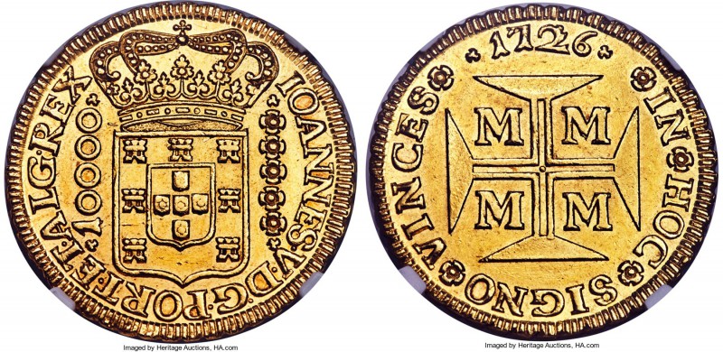 João V gold 10000 Reis 1726-M UNC Details (Cleaned) NGC, Minas Gerais mint, KM11...